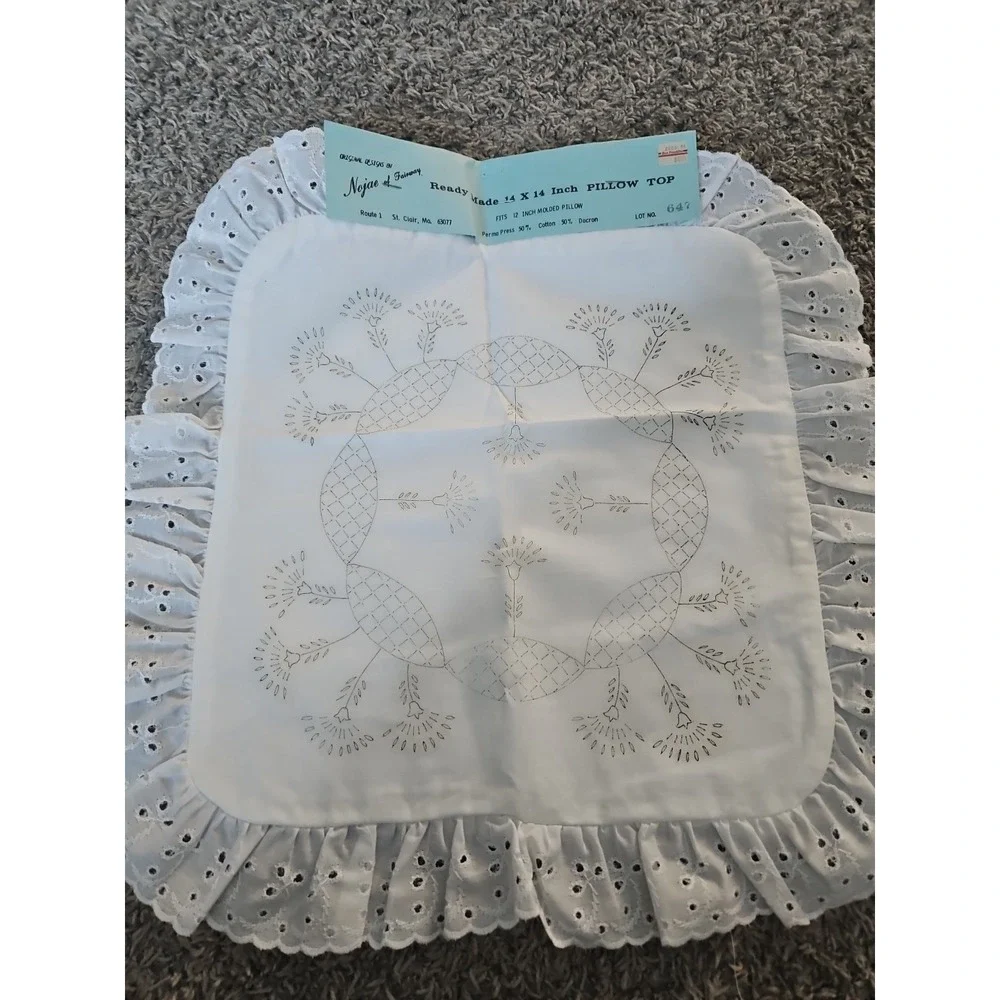 Vintage Nojae of Fairway Stamped 14x14 Hand Embroidery Pillow Top With Lace Trim